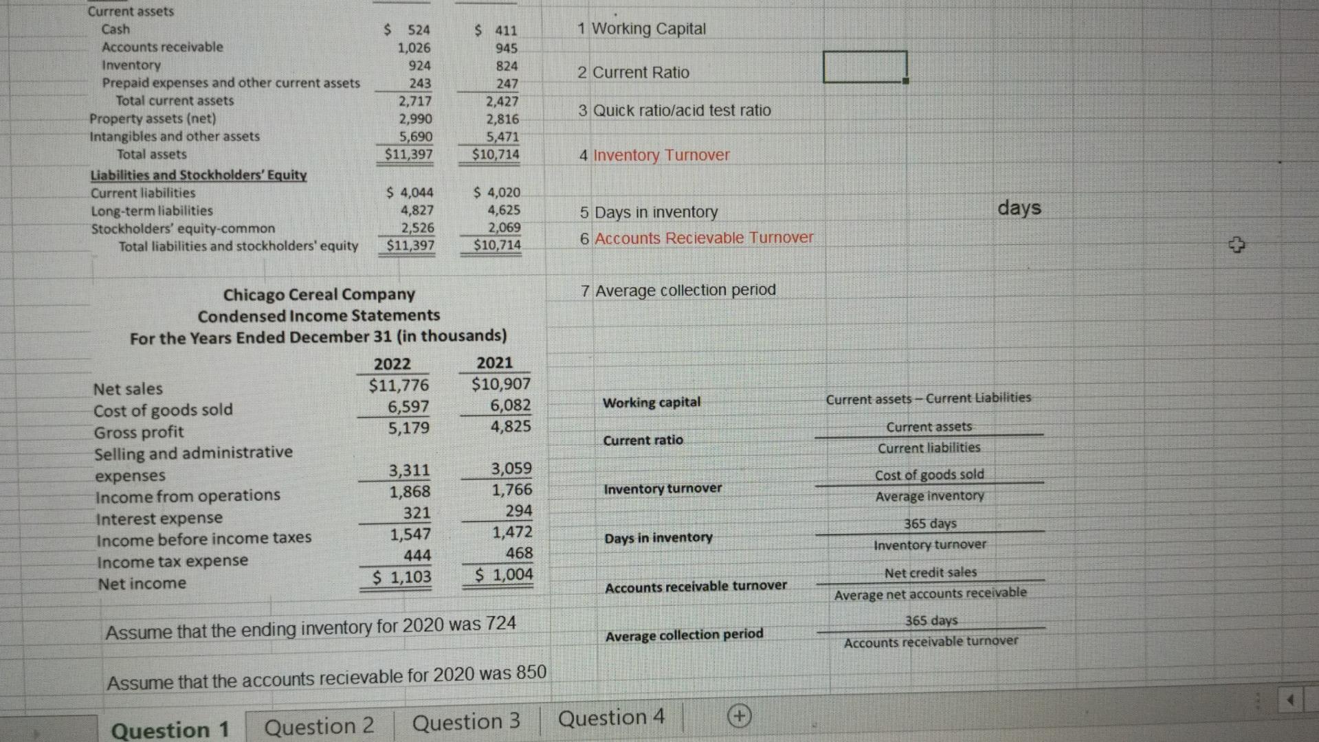 Calculate 1 working capital 2 current ratio 3 quick ratio/ acid