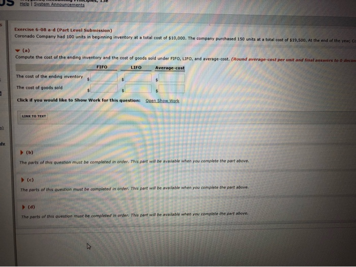  Help System Announcements Exercise 6-08 a-d (Part Level Submission) Coronado Company
