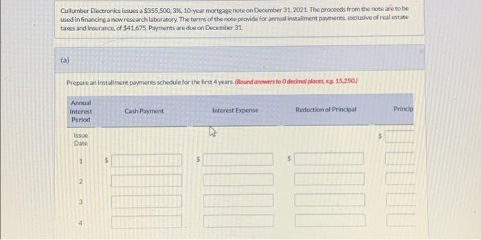  Cullumber Electronics issues a $355,500, 3%, 10-year mortgage note on December