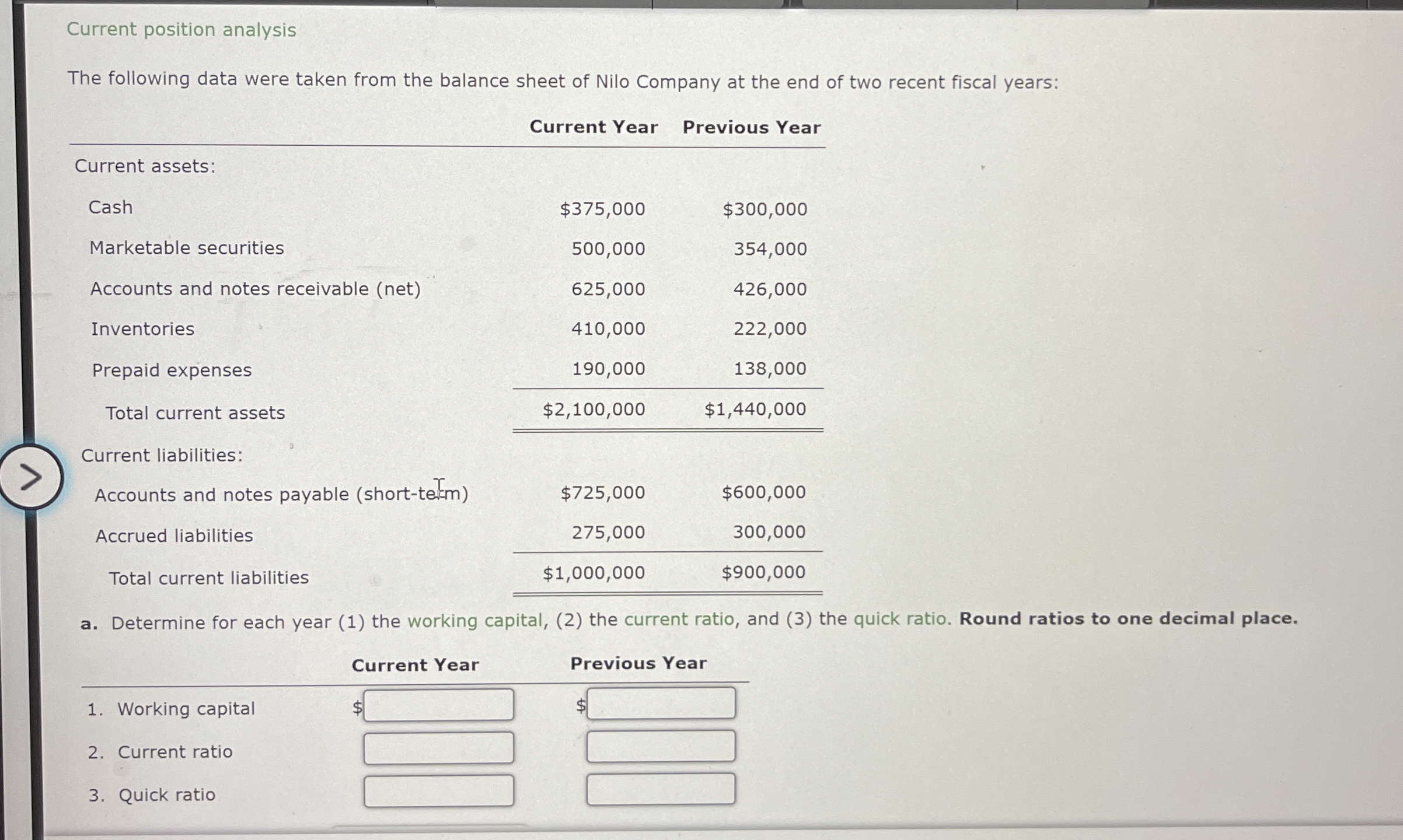  Current position analysis The following data were taken from the balance