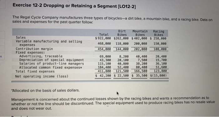  Exercise 12-2 Dropping or Retaining a Segment (LO12-2] The Regal Cycle