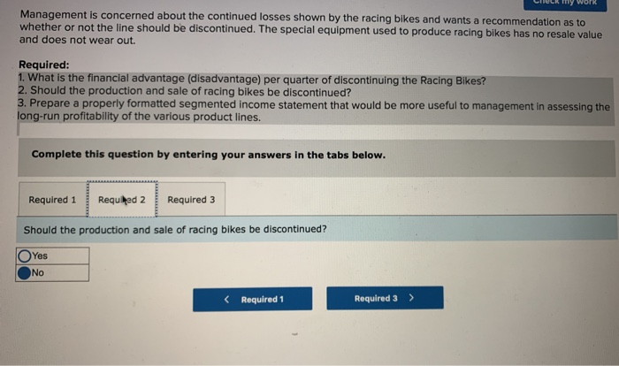 a racing bike. Data on sales and expenses for the past quarter
