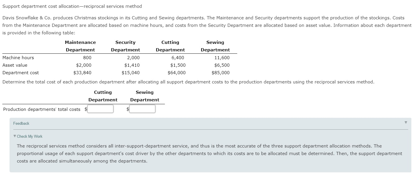 Support department cost allocation-reciprocal services method Davis Snowflake & Co. produces