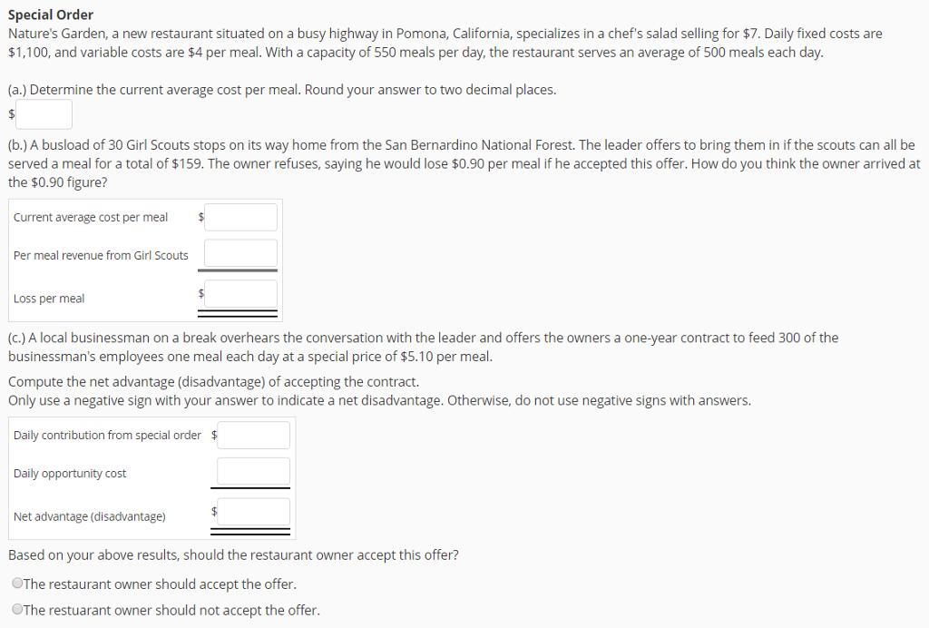 Show your work and the used formulas through Excel Special Order Nature's