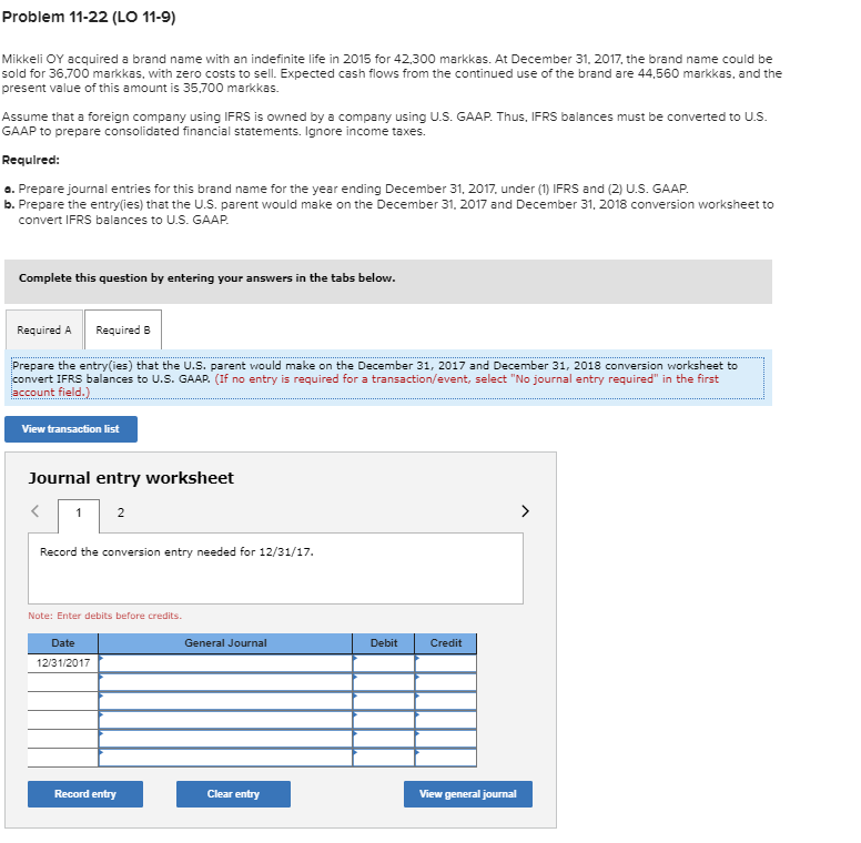 in advance! Problem 11-22 (LO 11-9) Mikkeli OY acquired a brand name