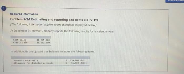  my wol Required information Problem 7-2A Estimating and reporting bad debts