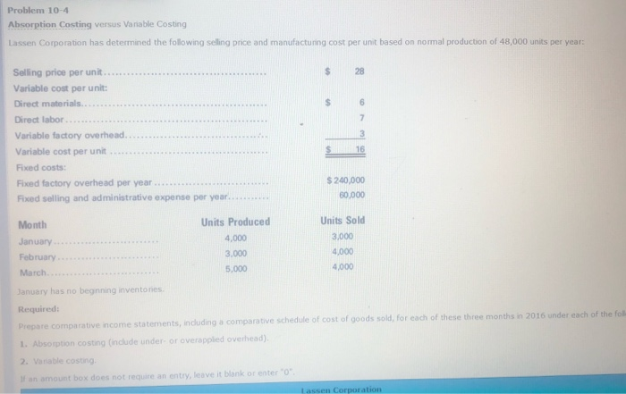  Problem 10-4 Absorption Costing versus Variable Costing Lassen Corporation has determined
