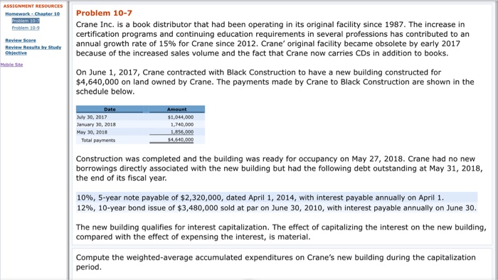  Homework Chapter Problem 10-7 Crane Inc. is a book distributor that