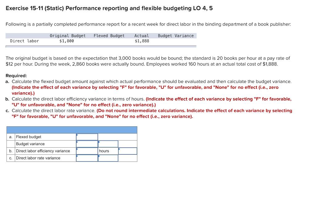  Exercise 15-11 (Static) Performance reporting and flexible budgeting LO 4, 5