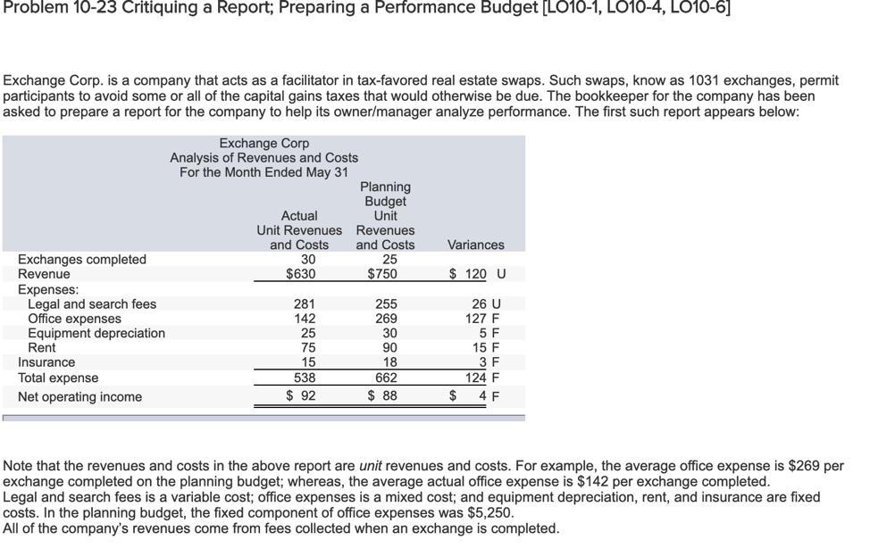  Problem 10-23 Critiquing a Report; Preparing a Performance Budget [L010-1, LO10-4,
