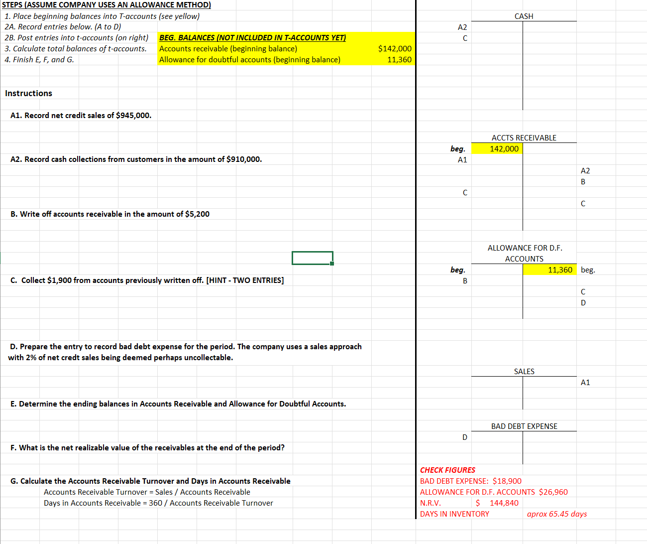  STEPS (ASSUME COMPANY USES AN ALLOWANCE METHOD) 1. Place beginning balances