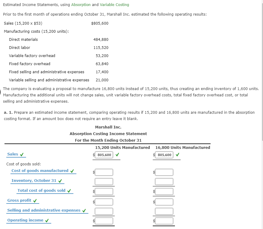 Estimated Income Statements, using Absorption and Variable Costing Prior to the