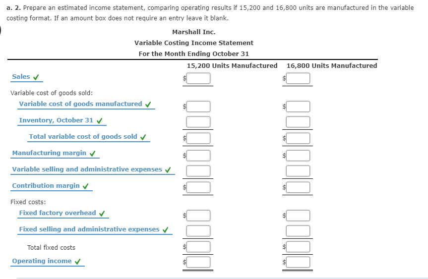 first month of operations ending October 31, Marshall Inc. estimated the following