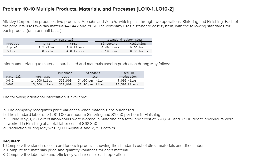  Problem 10-10 Multiple Products, Materials, and Processes [LO10-1, LO10-2] Mickley Corporation