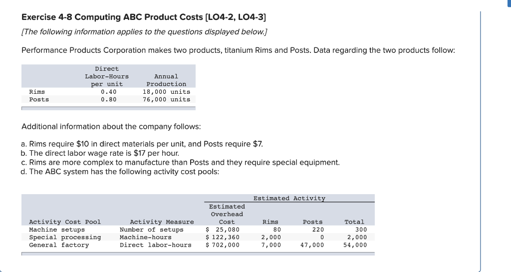  Exercise 4-8 Computing ABC Product Costs (L04-2, LO4-3] [The following information