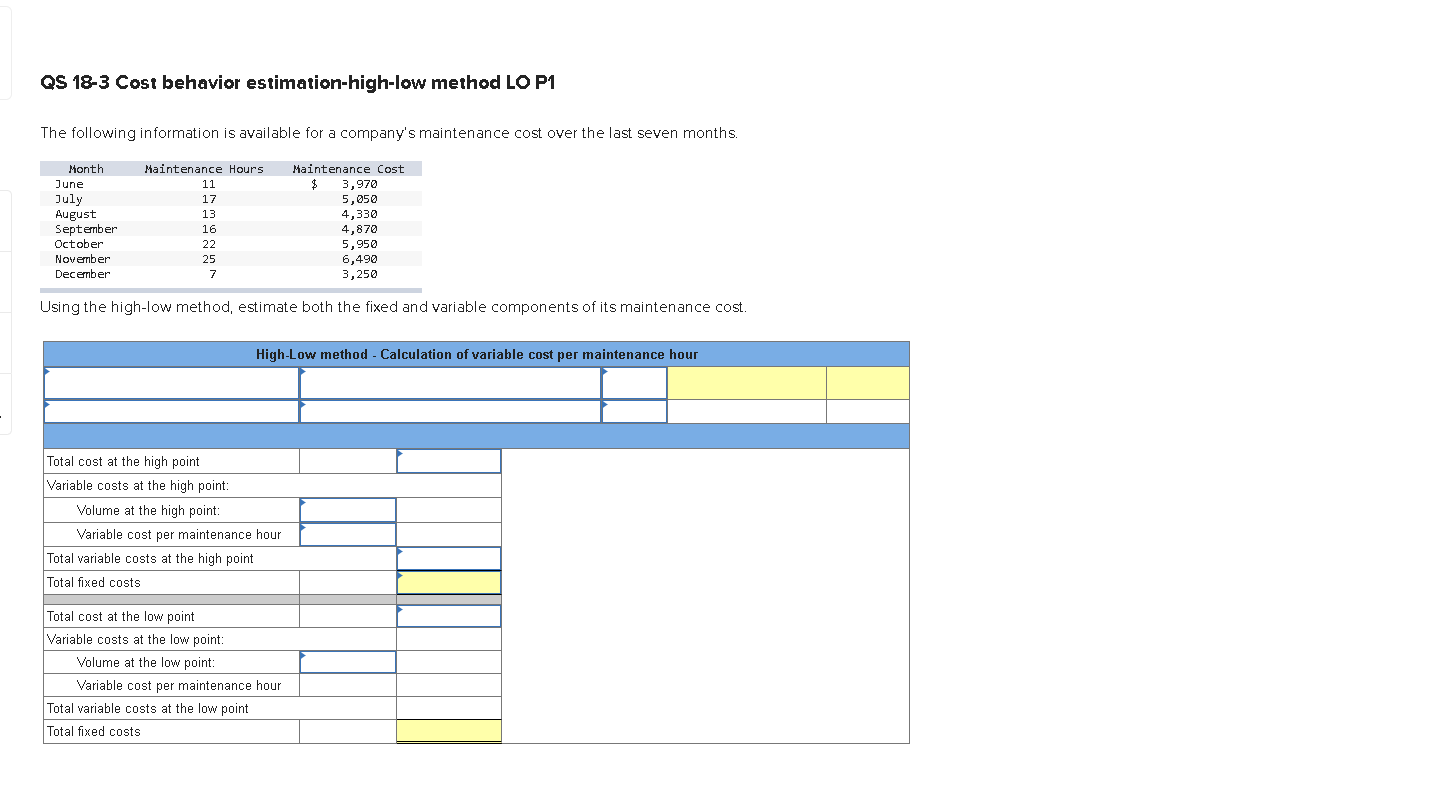 QS 18-3 Cost behavior estimation-high-low method LO P1 The following information