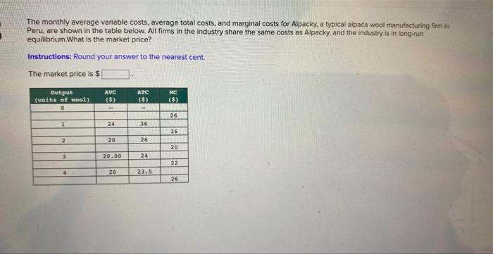 The monthly average variable costs, average total costs, and marginal costs