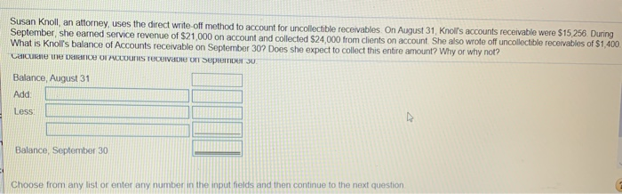  Susan Knoll, an attorney, uses the direct write off method to