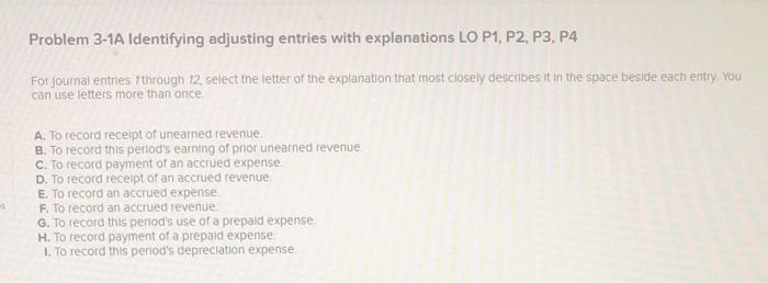  Problem 3-1A Identifying adjusting entries with explanations LO P1, P2, P3,