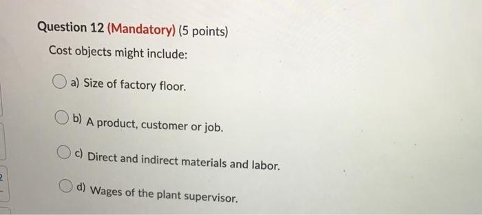  Question 12 (Mandatory) (5 points) Cost objects might include: a) Size