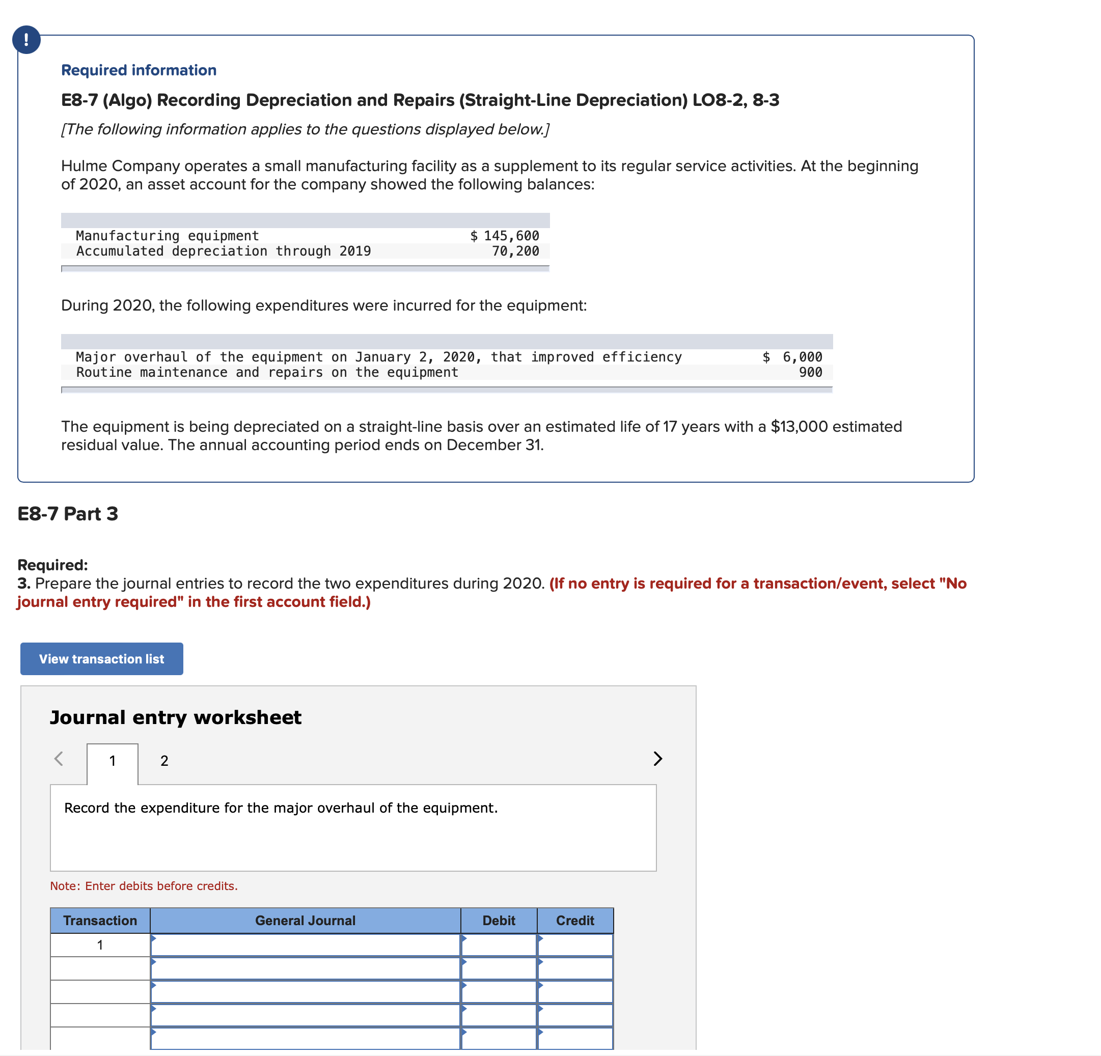  Required information E8-7(Algo) Recording Depreciation and Repairs (Straight-Line Depreciation) LO8-2,8-3 [The