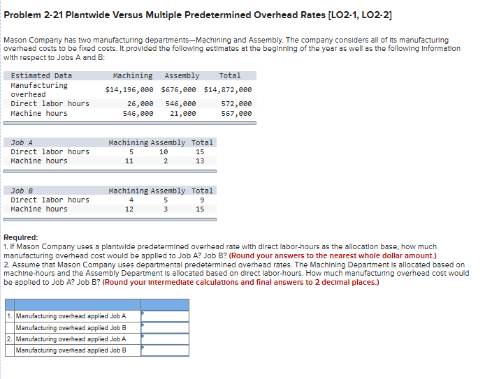  Problem 2-21 Plantwide Versus Multiple Predetermined Overhead Rates [LO 2-1, LO2-2]