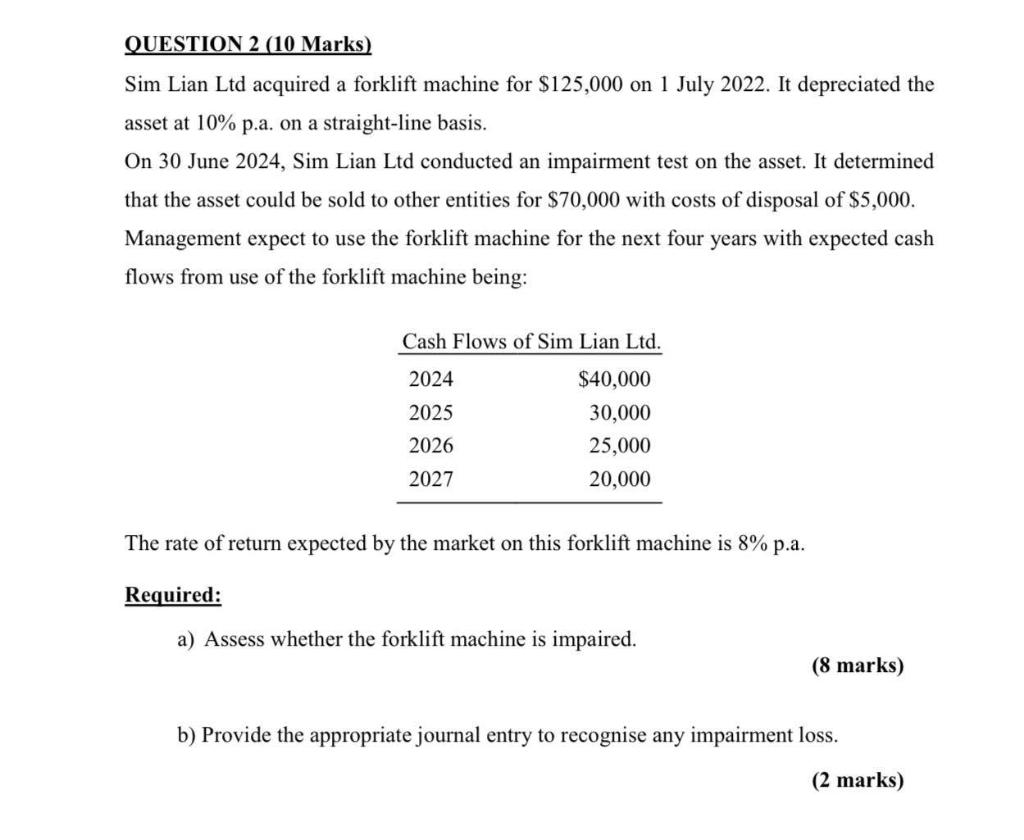  QUESTION 2 (10 Marks) Sim Lian Ltd acquired a forklift machine