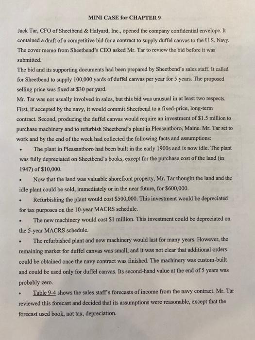 MINI CASE for CHAPTER 9 . Jack Tar, CFO of Sheetbend
