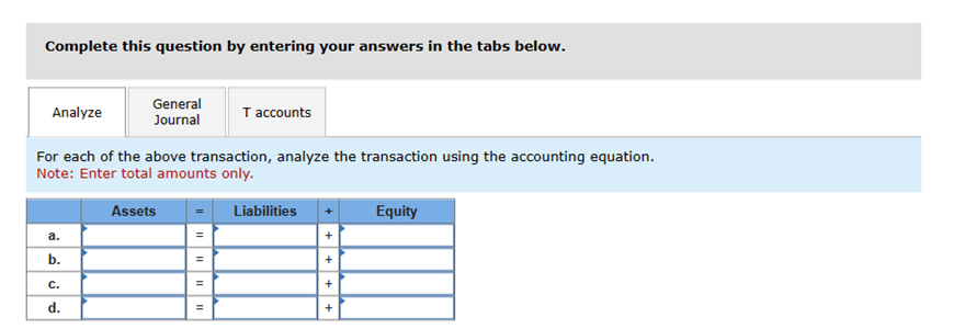 For each transaction, (1) analyze the transaction using the accounting equation, (2)