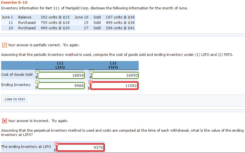 Please correct all answers marked as incorrect. Exercise 8-10 Inventory information