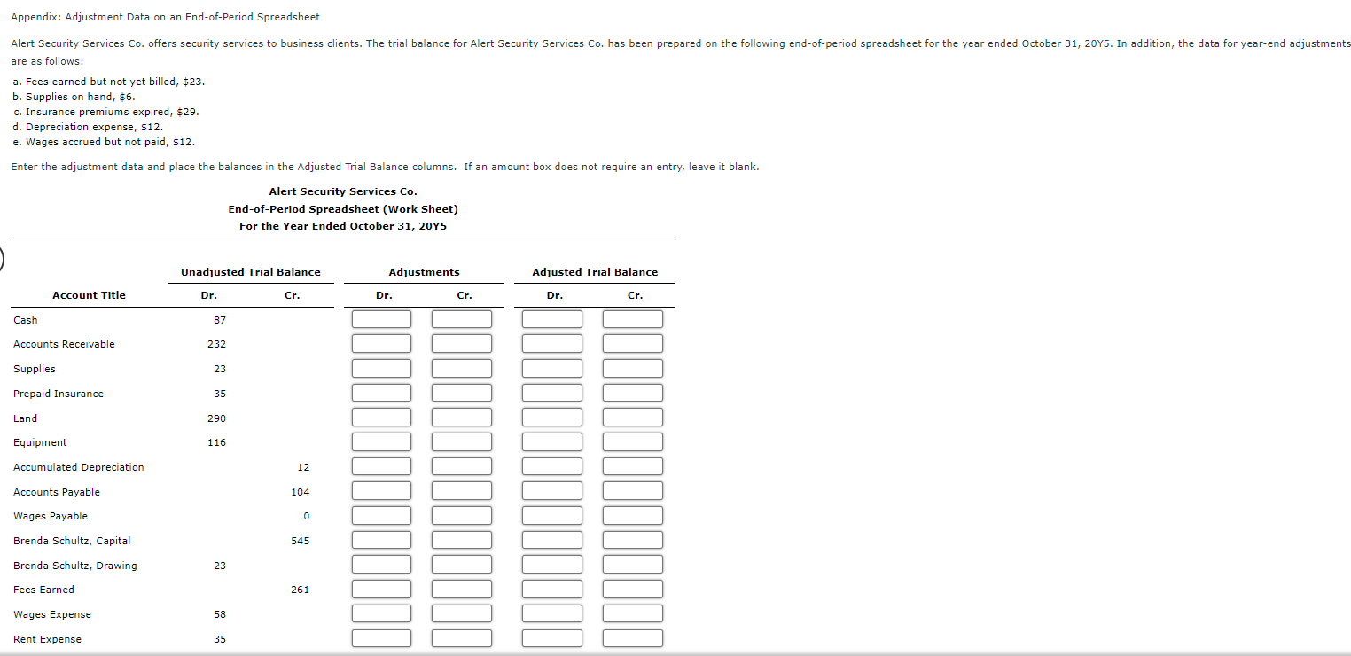  Appendix: Adjustment Data on an End-of-Period Spreadsheet Alert Security Services Co.