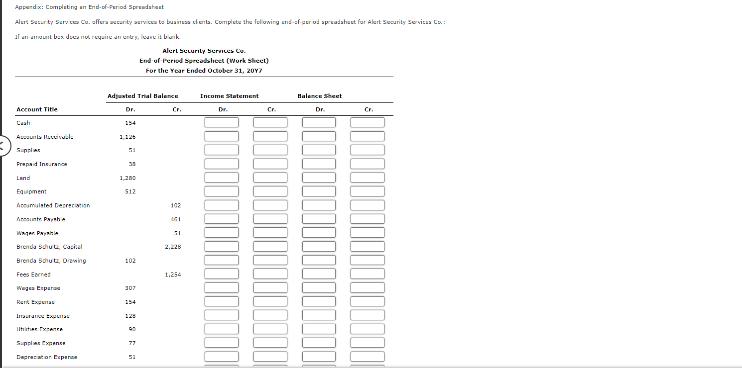 Services Co. has been prepared on the following end-of-period spreadsheet for the