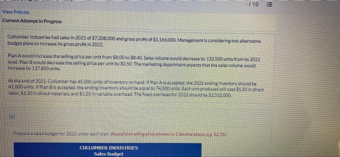  /10 View Polides Current Attempt in Progress Cullumber Industries had sales