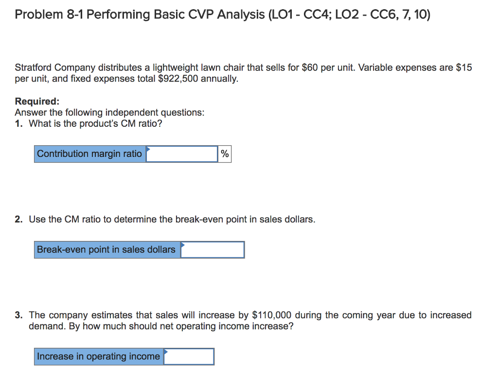  Problem 8-1 Performing Basic CVP Analysis (LO1 - CC4; LO2 -