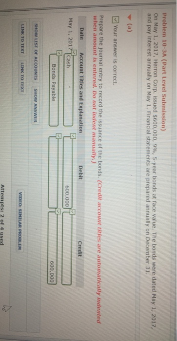  Problem 10-3A (Part Level Submission) on May 1, 2017, Herron Corp.