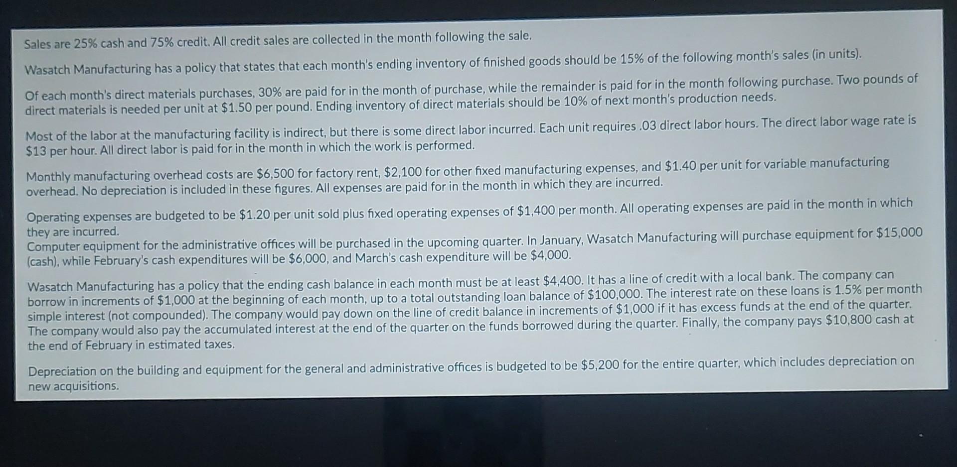 master budget for the first quarter of the upcoming year. The following