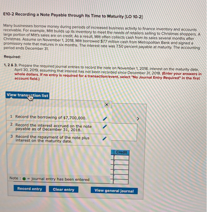  E10-2 Recording a Note Payable through Its Time to Maturity (LO