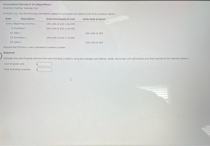  Cornerstone Eercise 6-24 (Algorithmic) Trventory Corting Average Cost Filimonov in is
