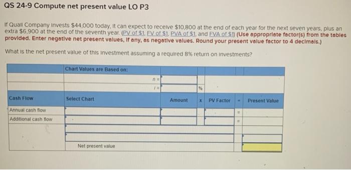  ch.24 q5 QS 24-9 Compute net present value LO P3 It