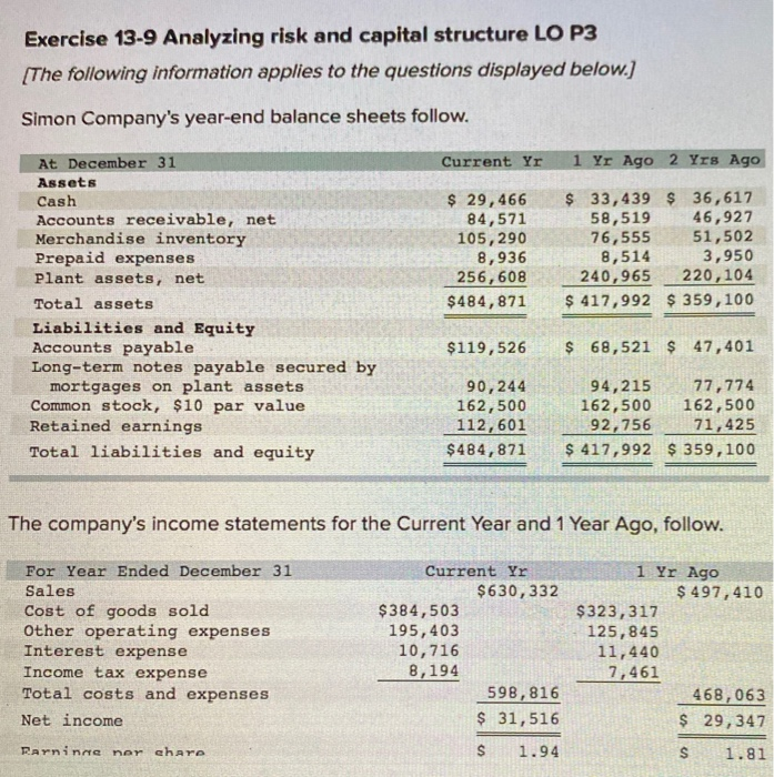  Exercise 13-9 Analyzing risk and capital structure LO P3 (The following