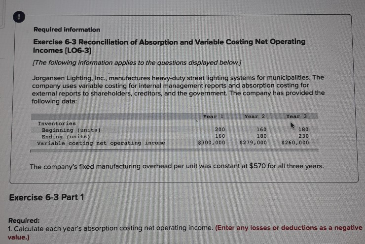  Required information Exercise 6-3 Reconciliation of Absorption and Variable Costing Net