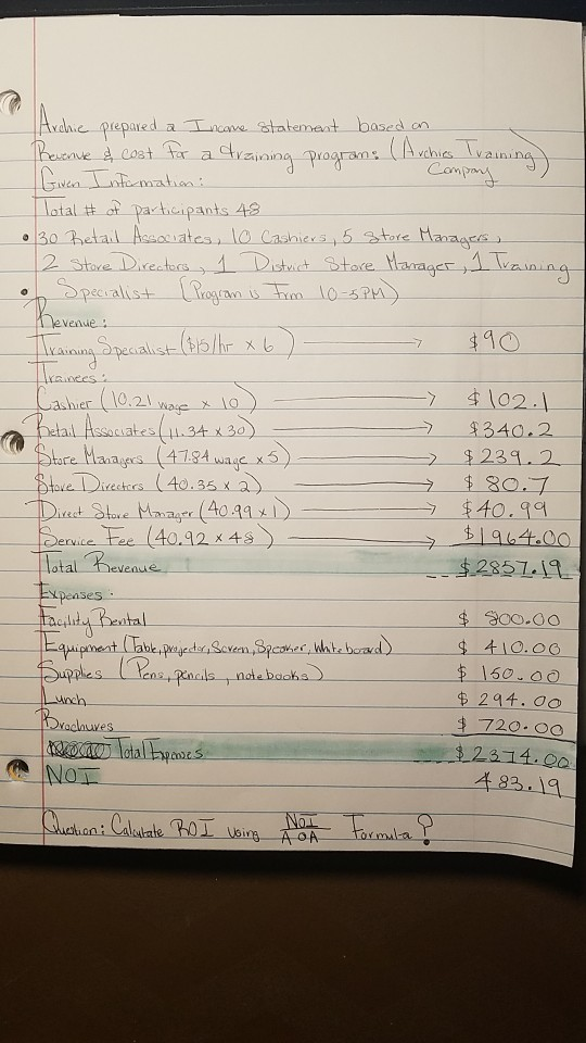 Please show in detail (Provide Working Notes for ROI calculations) on how