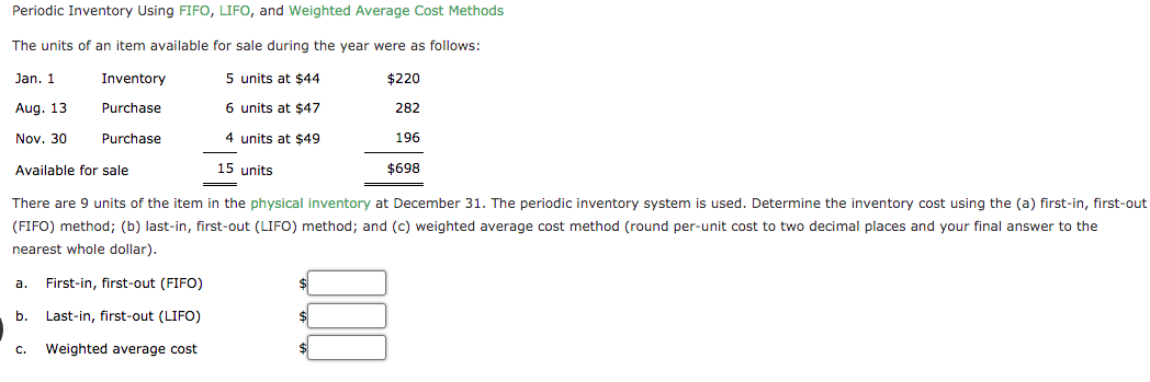 Periodic Inventory Using FIFO, LIFO, and weighted Average Cost Methods The