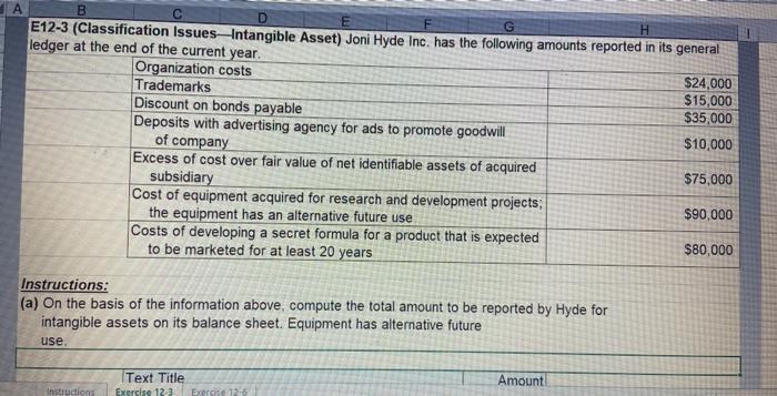  excercise 12-3 excercise 12-6 A D H B E12-3 (Classification Issues-Intangible
