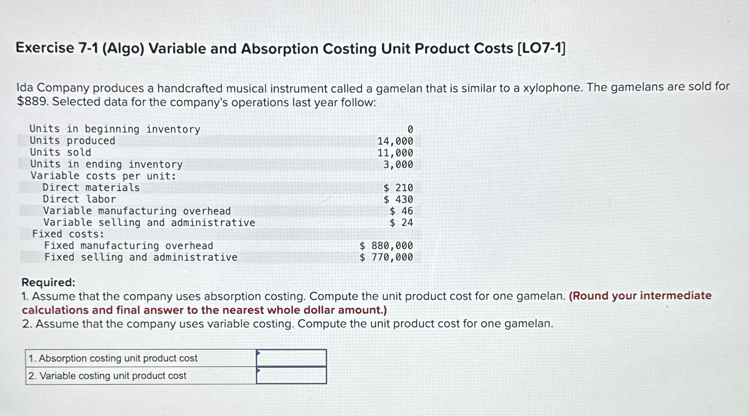  Exercise 7-1(Algo) Variable and Absorption Costing Unit Product Costs [LO7-1] Ida