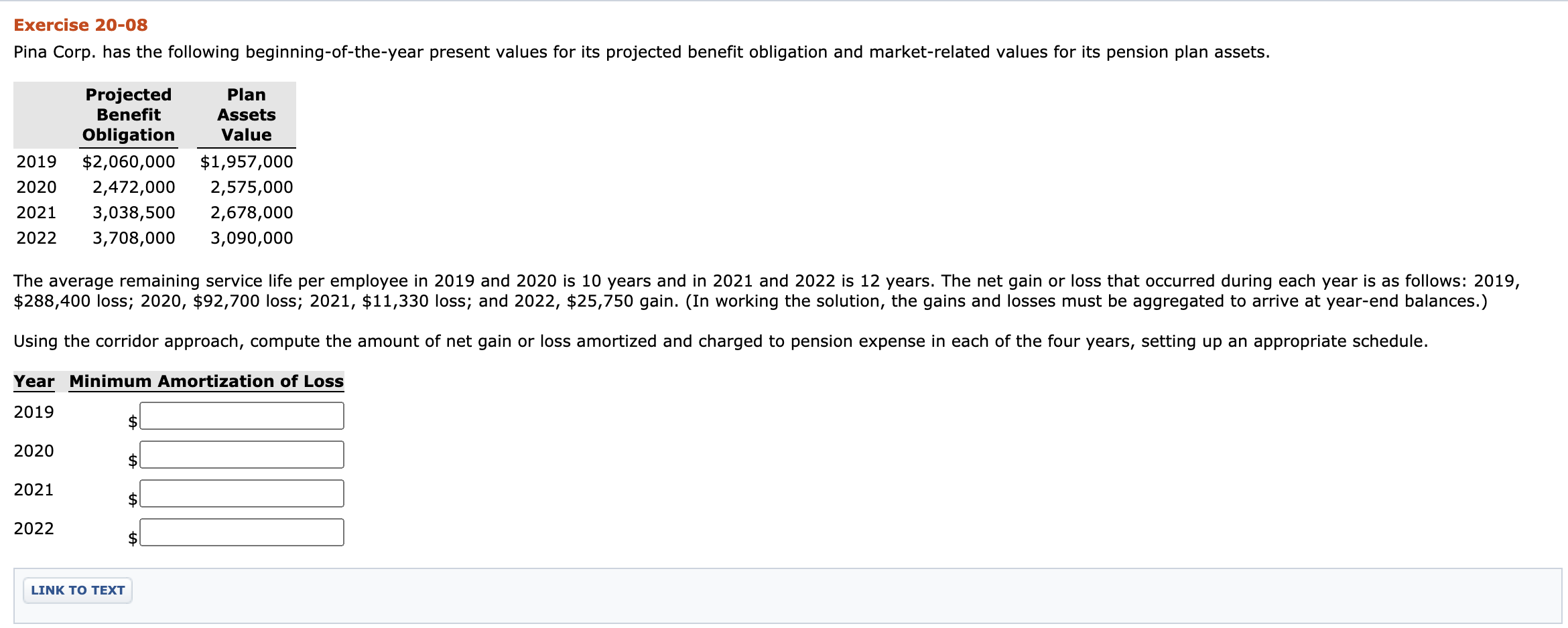 Exercise 20-08 Pina Corp. has the following beginning-of-the-year present values for