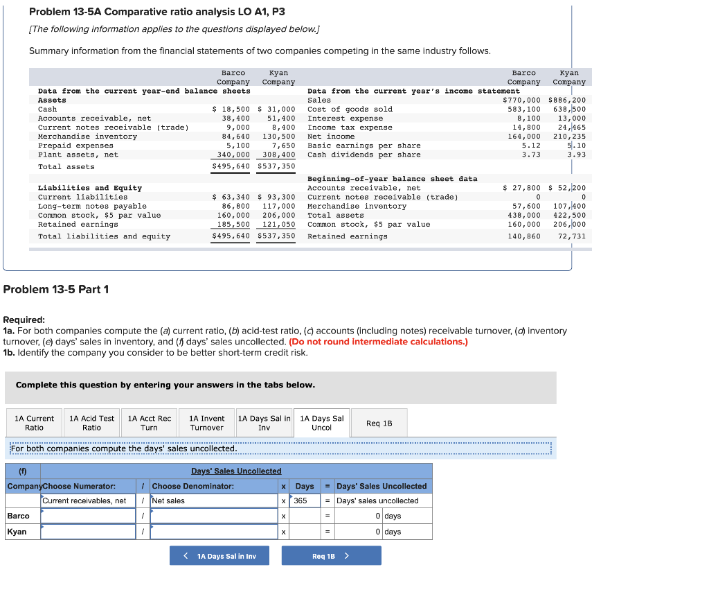 Problem 13-5A Comparative ratio analysis LO A1, P3 [The following information