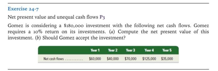  Exercise 247 Net present value and unequal cash flows P3 Gomez