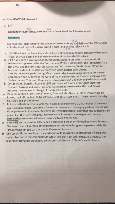  Auditing MBAZ03 D1-Module B 1. B.47 Independence, Integrity, and Objectivity Cases.