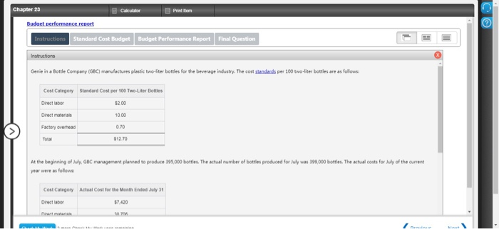  Chapter 23 Calculator Printem Budget performance report Instructions Standard Cost Budget